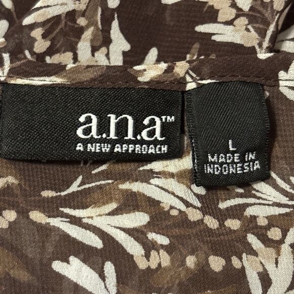 A.N.A. Brown Floral Chiffon Blouse Size L Sheer Peasant Tie Waist Boho Top - Picture 2 of 8